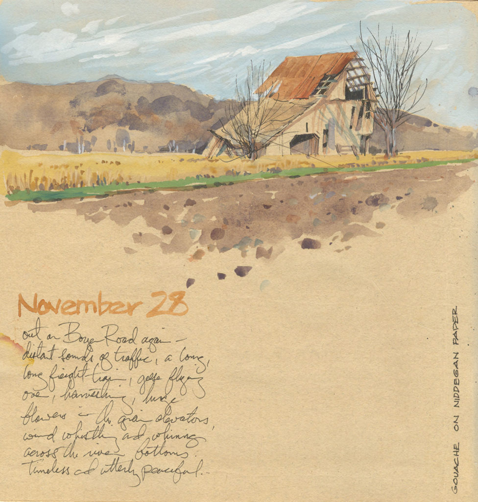 Gouache Barn by Cathy Johnson (gouache on paper, 7x6)