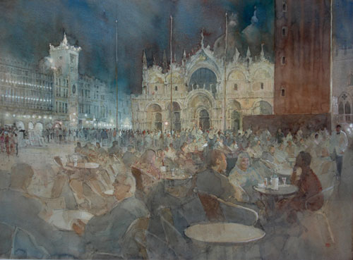 EnjoyStMarksSquare Enjoying the Evening, St Mark’s Square Venice (watercolor on paper, 20x28) by Paul Banning