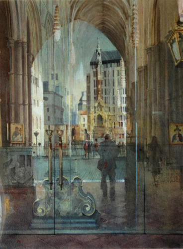 LookingOutWestmnster Looking Out, Looking In–West Door, Westminster Abbey (watercolor on paper, 29x19) by Paul Banning