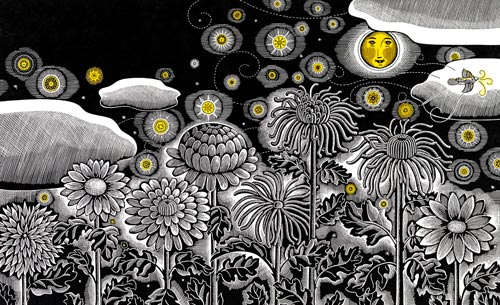 tam_nov11_krommes2 Through the dark glows the moon (from The House in the Night by Susan Marie Swanson; Houghton Mifflin, 2008) (scratchboard and watercolor, 8½x14) by Beth Krommes