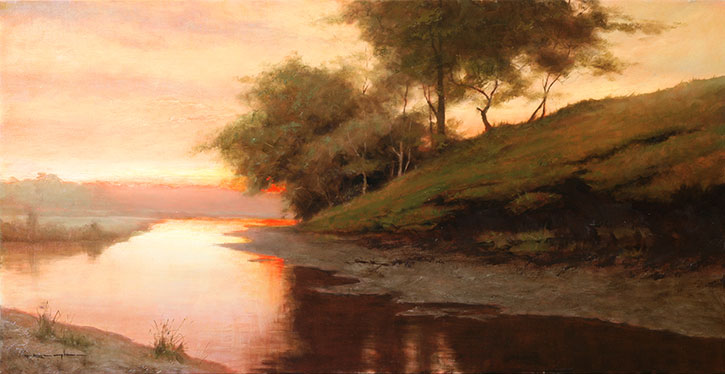 Dusk at Zoar Valley - Psalm 9:9by Thomas Kegler, oil on linen, 15 x 30.
