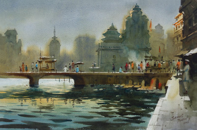watercolor landscape painting by Prafull Sawant