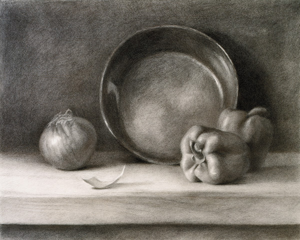 Kitchen Still Life by David Dwyer, a still life in charcoal