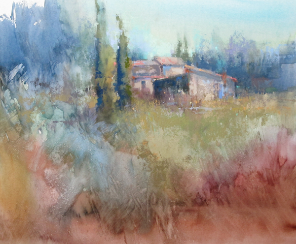 In this unfinished pastel painting from the south of France, you can see the initial application of pastel to the area where the buildings are located.