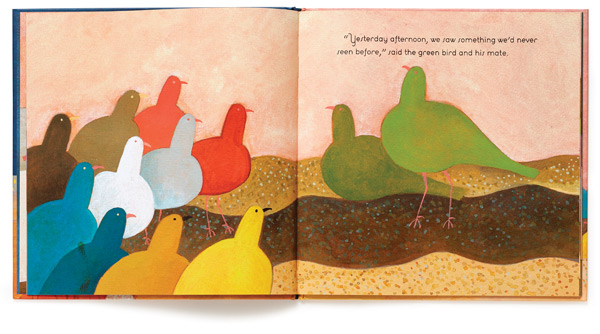 A spread from The Birds of Bethlehem, whose pictures exemplify dePaola’s conviction, “It all starts with shape.”