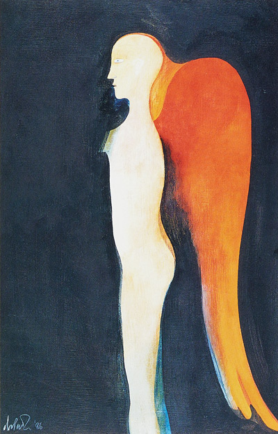 When dePaola paints his own work, he frequently depicts spirtual beings, as in Angel (1986; acrylic, 30x20).