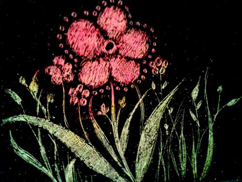 Scratch art made with crayons