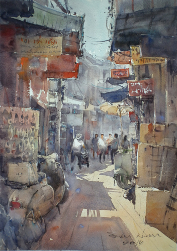 Sampeng Market 1 (watercolor on paper) by Direk Kingnok | watercolor landscapes