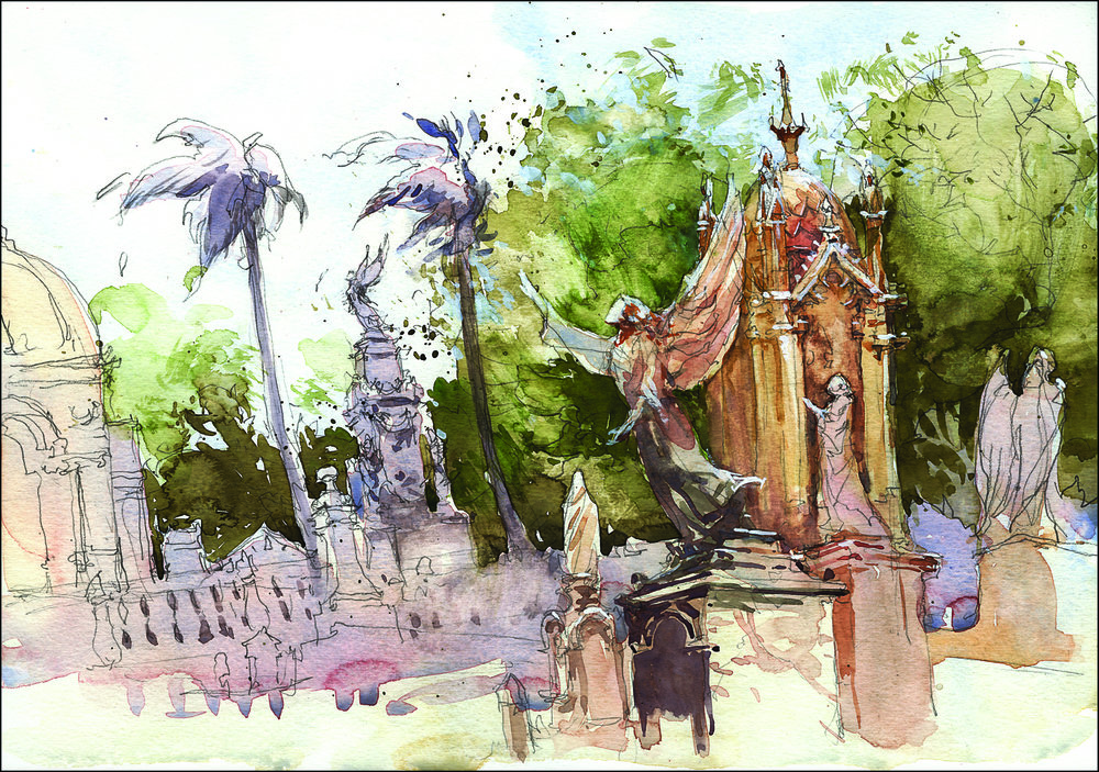 Measuring the distances between objects and the angles at which they tilt is all part of the first step when drawing from the outside in. Then you can let loose with detail and eventually color.