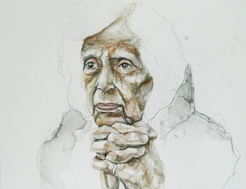 The Mourner (watercolor on gessoed canvas, 9x12) by Melanie Norris | watercolor portraits