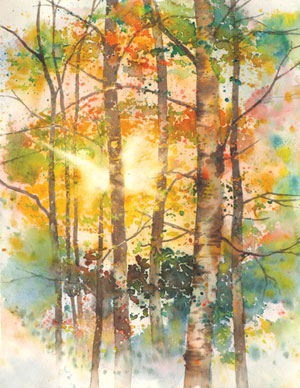 Focus of Light on Fall Trees (watercolor on paper, 15x11) by Karlyn Holman