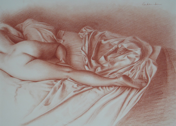 Sarah IX 2004, red chalk, 19 x 26. Collection Scott Noel.The undulating movement of the leg is particularly beautiful as it tapers from thigh to ankle. In this drawing, I played this beautiful rhythm off against the intricate folds of the drapery, themselves incredibly sensuous.