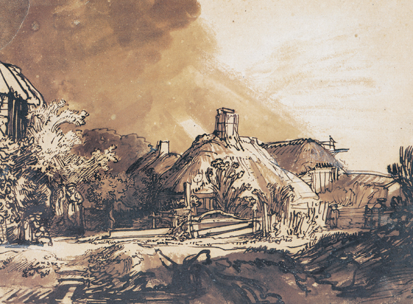 Rembrandt drawing Cottages Under a Stormy Sky ca. 1635, pen and brown ink, brown and gray wash with white bodycolor on brownish prepared paper, 7 x 9. Collection Albertina Museum, Vienna, Austria.