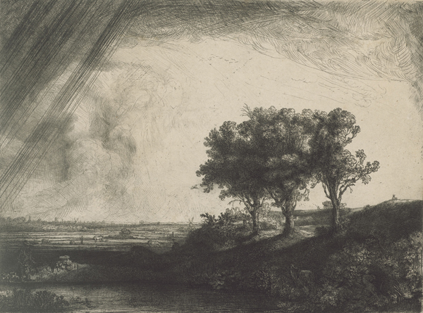 Rembrandt drawing The Three Trees 1643, etching with burin drypoint in black ink on cream laid paper, 8? x 11. Collection The Frances Lehman Loeb Art Center at Vassar College, Poughkeepsie, New York.