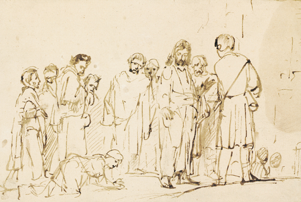 Rembrandt drawing Christ With His Disciples and the Bleeding Woman ca. 1658, pen and brown ink, 6 x 9. Collection Albertina Museum, Vienna, Austria.