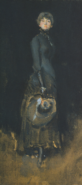 Lady in Gray by Whistler, 1883-1884, gouache on brown paper mounted on card, 7 7/8 x 10 9/16.
