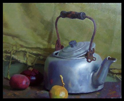 Still Life with Gray Kettle by Kerry Dunn, oil on linen, 16 x 20.