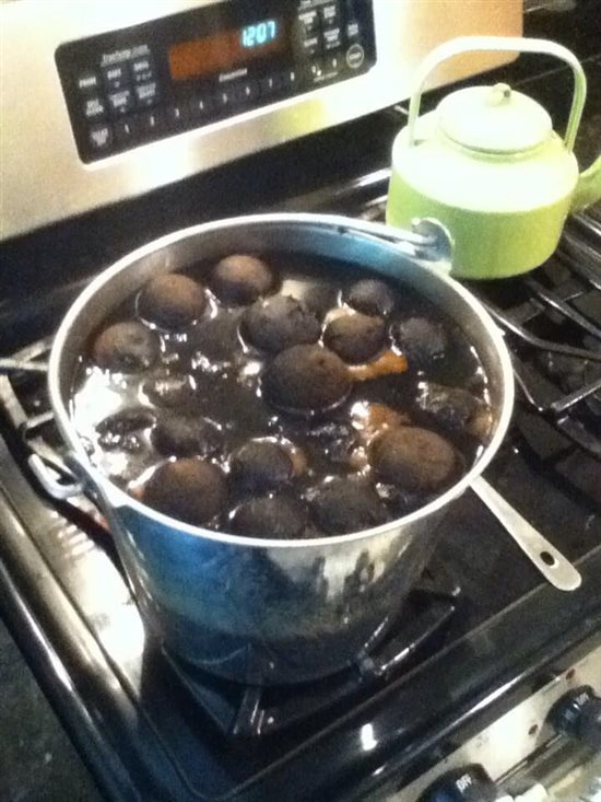 Boiling walnut fruits for brown ink.