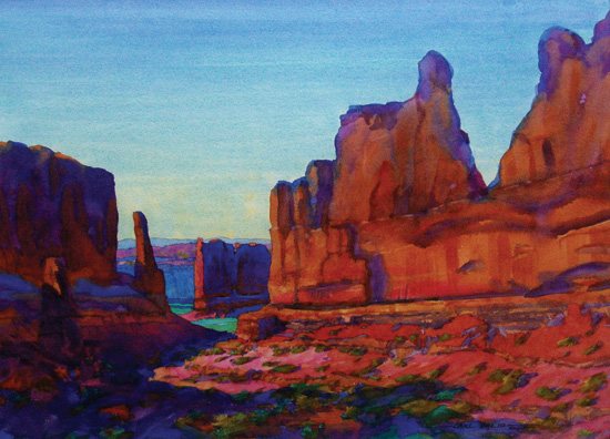 The colors in this work, Wall Street--Arches, Utah, by Carl Dalio, call to mind the scorching heat of a summer day, as opposed to the more delicate hints of color that accompany spring.