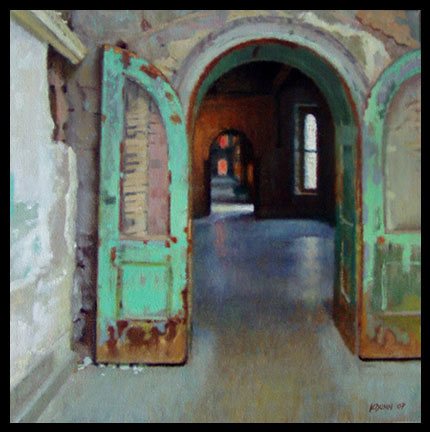Eastern State Penitentiary by Kerry Dunn, oil on linen, 16 x 16.