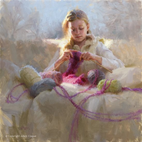 Knitter's Gift by Adam Clague, 30 x 30, oil painting.
