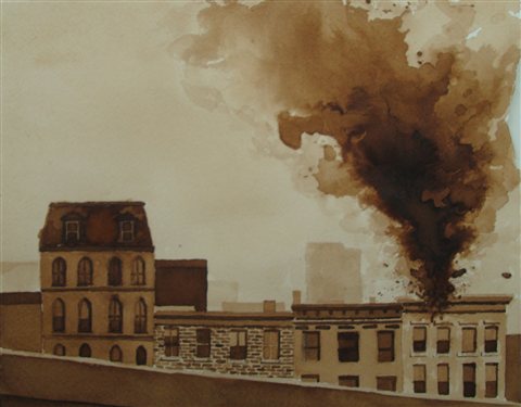 How to Draw Flames 101. Fire Series by Kevin Kusiolek, walnut ink on paper, 8 x 10. Kevin's flames are all about form since they are rendered in the sepia tones of walnut ink. Notice the dark core near the base of the fire--indicating billowing smoke--and the ragged edges of the flames as they climb into the sky.