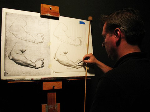 A student copies a Bargue lithograph at the Kewaunee Academy of Fine Art, in Wisconsin. Copying Bargue's plates in one's own drawings is helpful in part because it shows how the master artist simplified objects such as the human arm, rendering them first in simple outline.