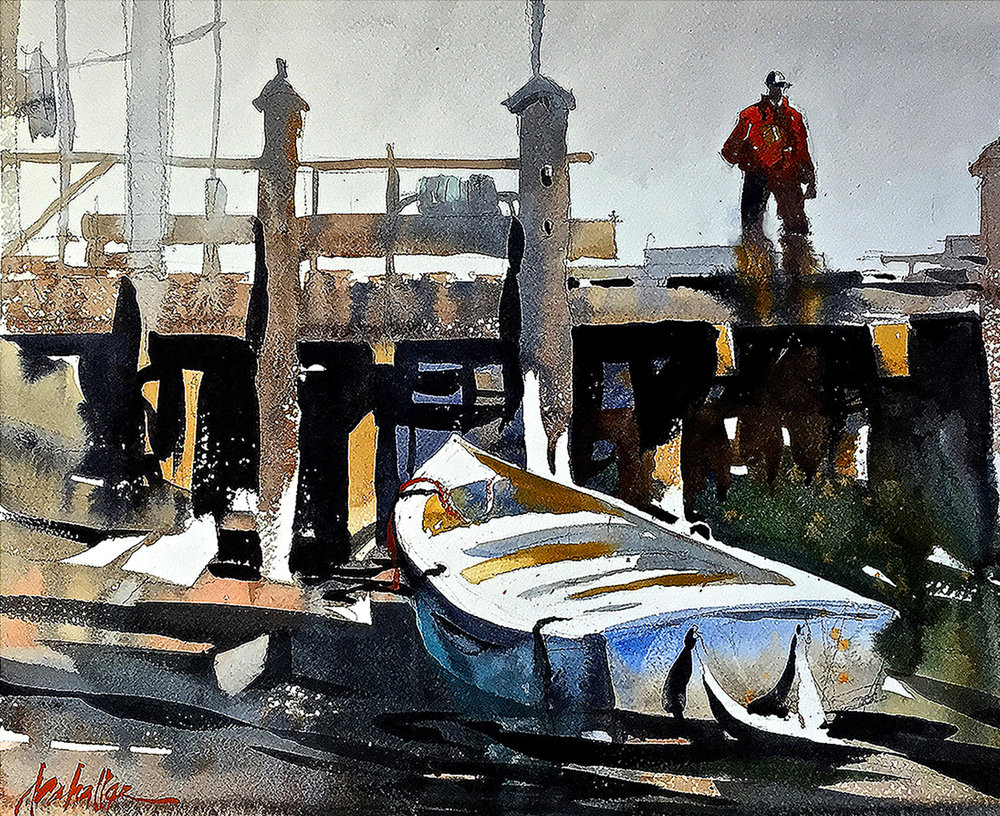 Dock Maine, 10 x 14 plein air watercolor by Thomas Schaller