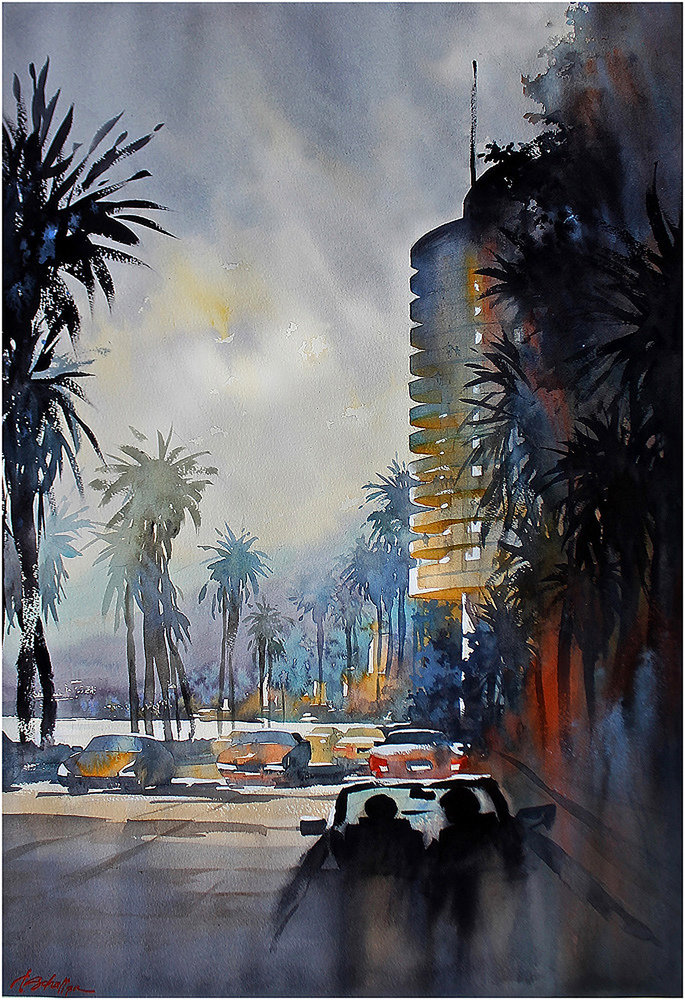 Pacific Coast Highway—Los Angeles, watercolor by Thomas Schaller