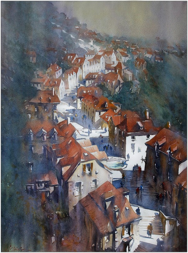 Streets of Rocamadour, France, watercolor by Thomas Schaller