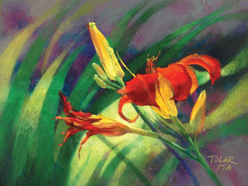 Red-Hot Daylily (pastel, 9x12) by Jude Tolar | pastel florals