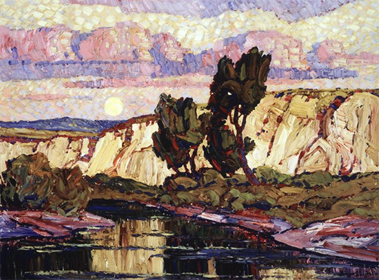 Creek at Moonrise by Birger Sandzén, ca. 1921, oil painting.