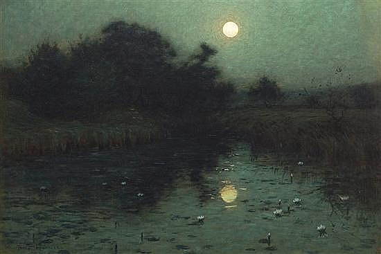Nocturne painting: Moonlight Over a Pond by Birge Harrison.