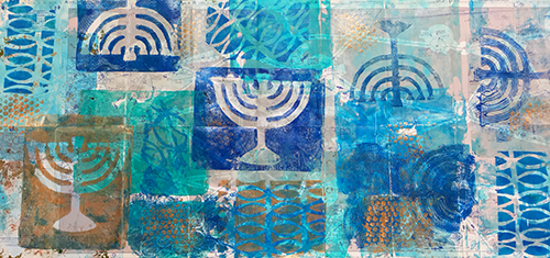 Monoprinted handmade Hanukkah gift wrap