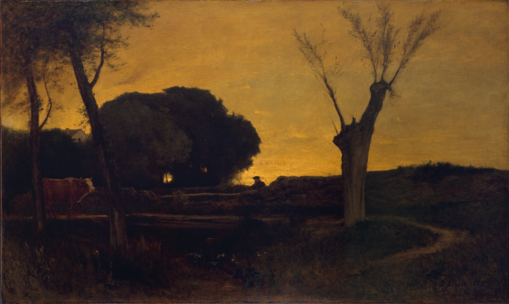 Nocturne paintings: Evening at Medfield by George Inness.