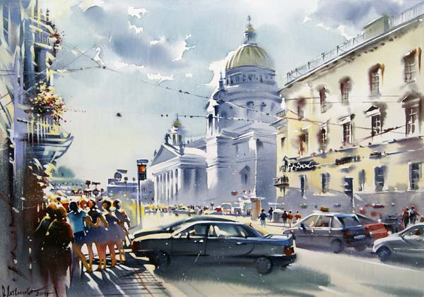 Malaya Morskaya (watercolor on paper, 16 1/2 x 23 3/5) by Olga Litvinenko | watercolor cityscapes