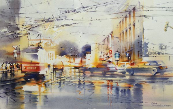 On the Street Komsomol (watercolor on paper, 15 x 23 3/5) by Olga Litvinenko | watercolor cityscapes