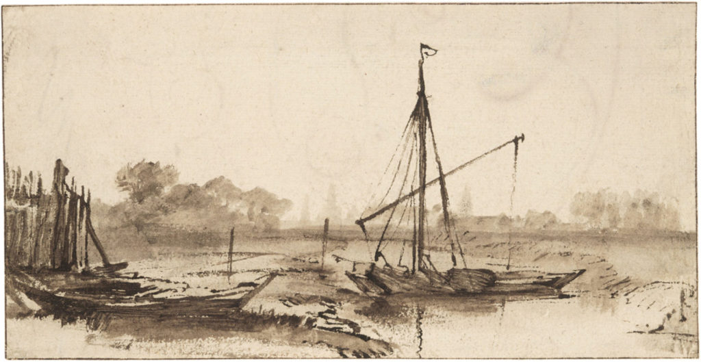 Brown ink: Canal and Boats with Distant View of Amsterdam by Rembrandt