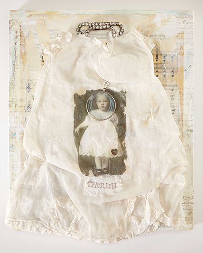 Assemblage using vintage materials from Explore Mixed Media Collage