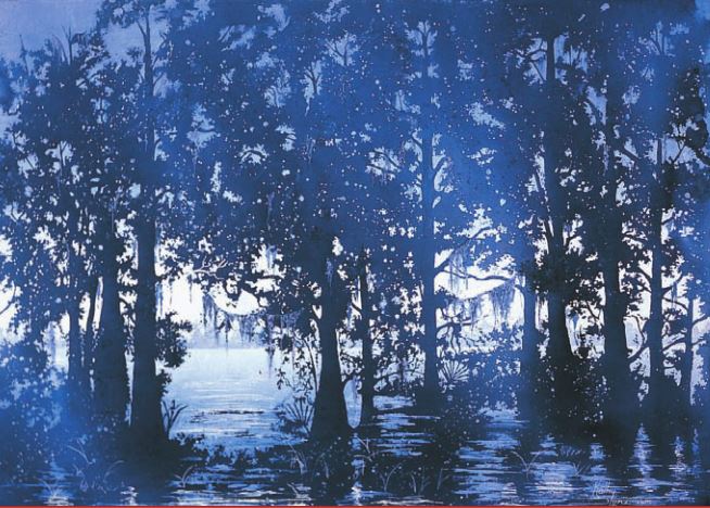 Color mixing: Early Morning, Lake Verret by Kathy Miller Stone, transparent watercolor, 22" × 30".