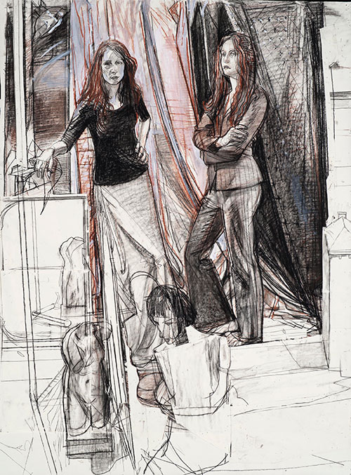 Study for the Daughters of Peter Rounds (The Twins) ca. 2005, graphite, Conté crayon, Prismacolor crayon and collage, 45½ x 34. Spring 2017 issue of Drawing magazine, Tell a Story with Your Art | Artist's Network