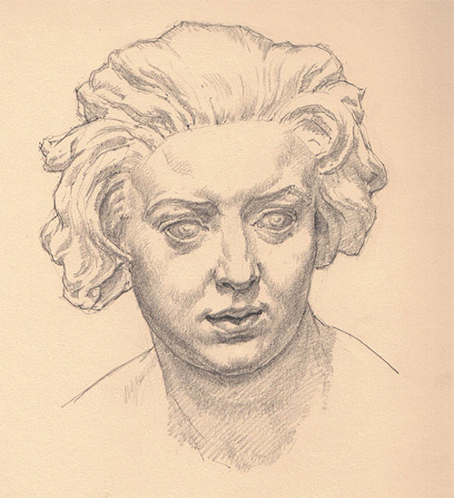 Drawing of Bust of Costanza Bonarelli by Jon deMartin, graphite, 9 x 7. This drawing copies the Bust of Costanza Bonarelli, a marble sculpture by Gian Lorenzo Bernini (1598–1680). Spring 2017 issue of Drawing magazine, Tell a Story with Your Art | Artist's Network