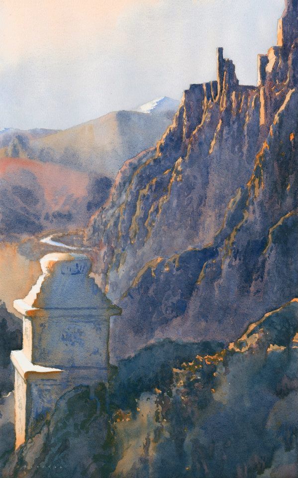 Value to color in watercolor painting. The Ruins of Hankar, Ladakh by Michael Reardon, watercolor painting.