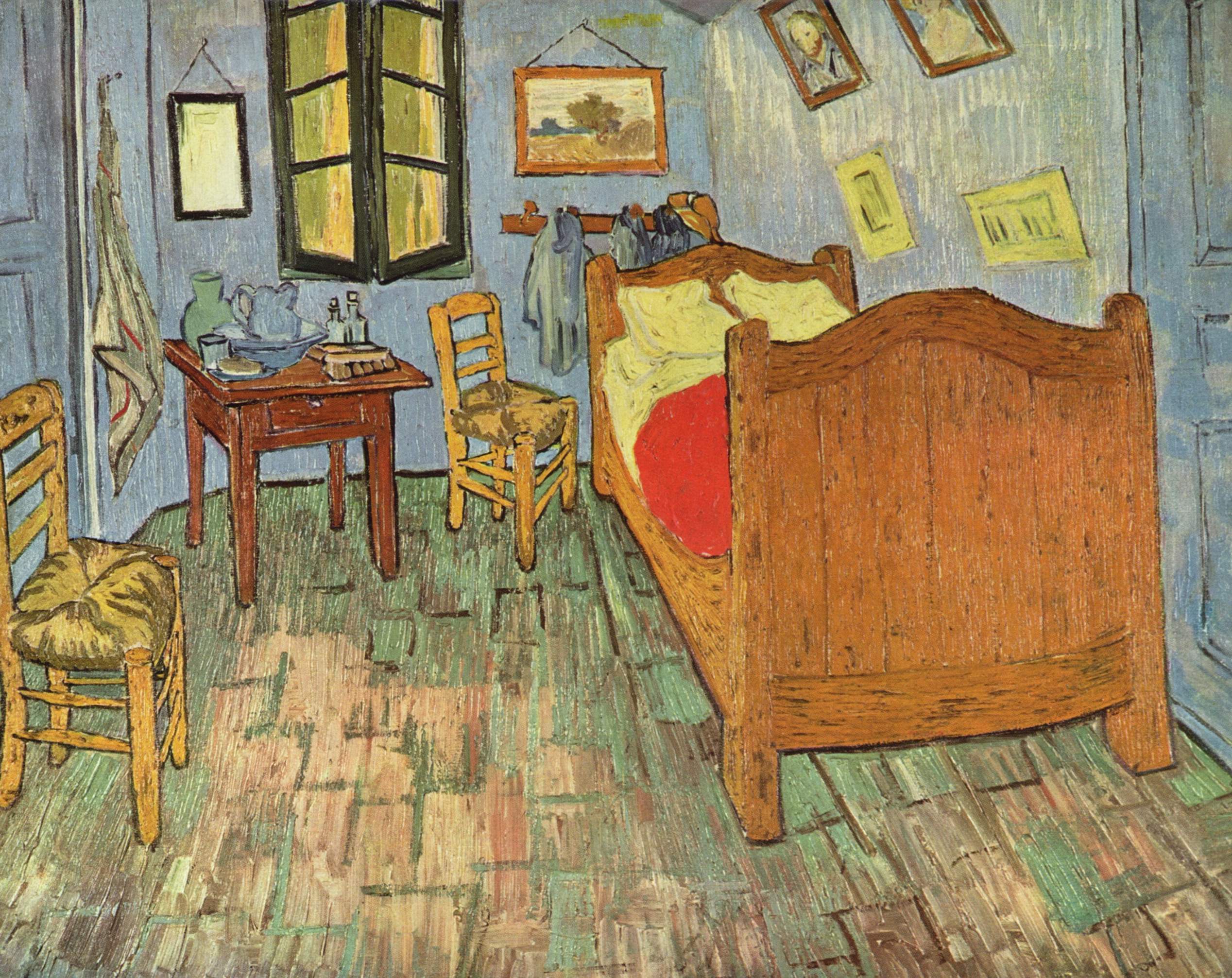 The Chamber by Vincent van Gogh, oil painting. The work shoes one-point perspective, with a vanishing point at the bottom right window pane, roughly.