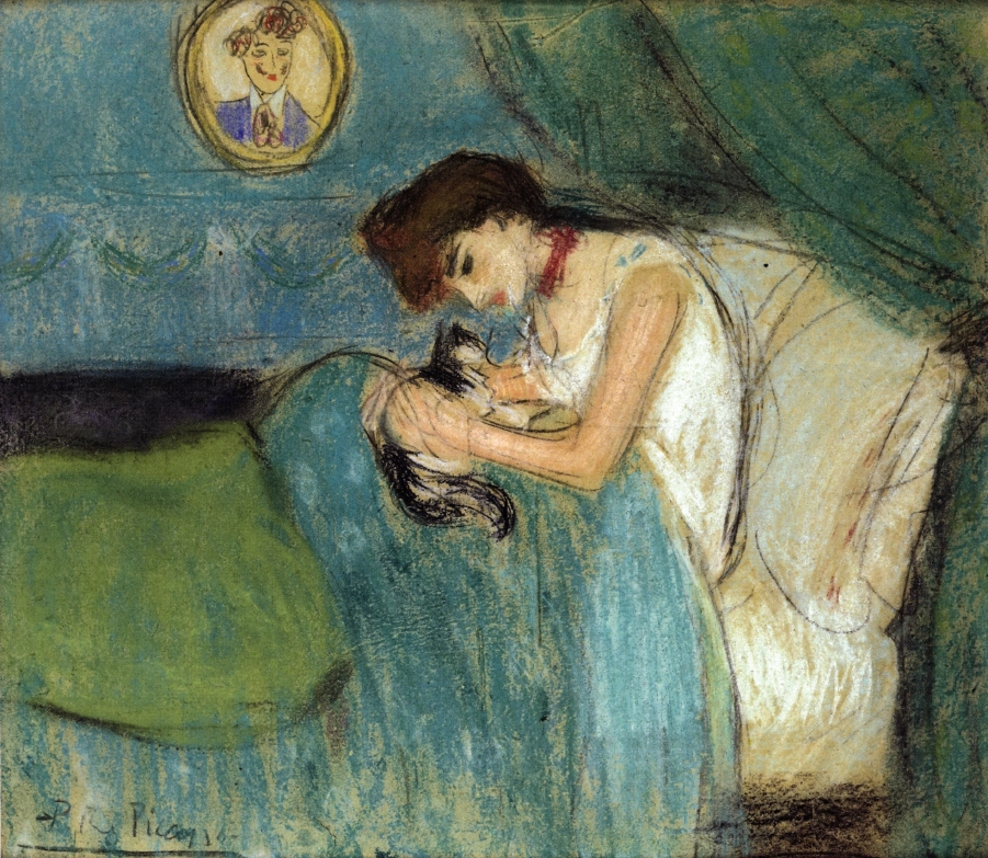 Woman with Cat by Pablo Picasso, 1900, pastel painting.