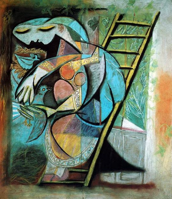 Woman with Pigeons by Pablo Picasso, pastel on paper on canvas.