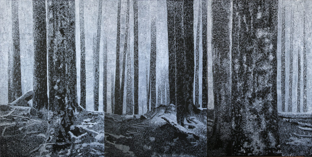 “Ravelled” is a 72 x 36 inche triptych made of only white doodling scribbles on a black background.