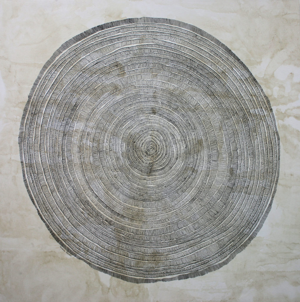 “Timelines II” by Sandrine Pelissier. In essence, this is a painting with doodling as its foundation.