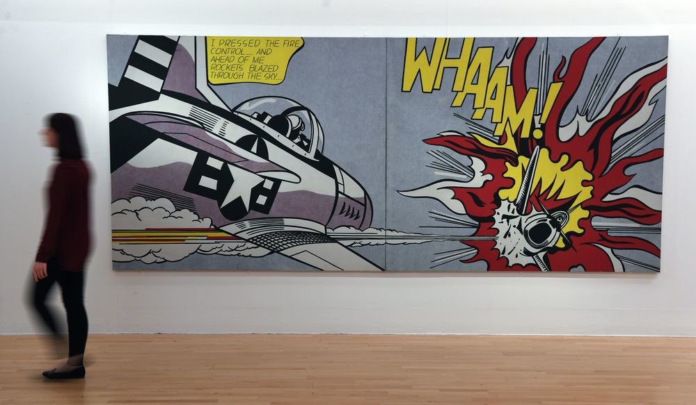 The newly restored artwork Whaam! by American pop artist Roy Lichtenstein at Tate Liverpool. (Photo credit should read PAUL ELLIS/AFP/Getty Images)