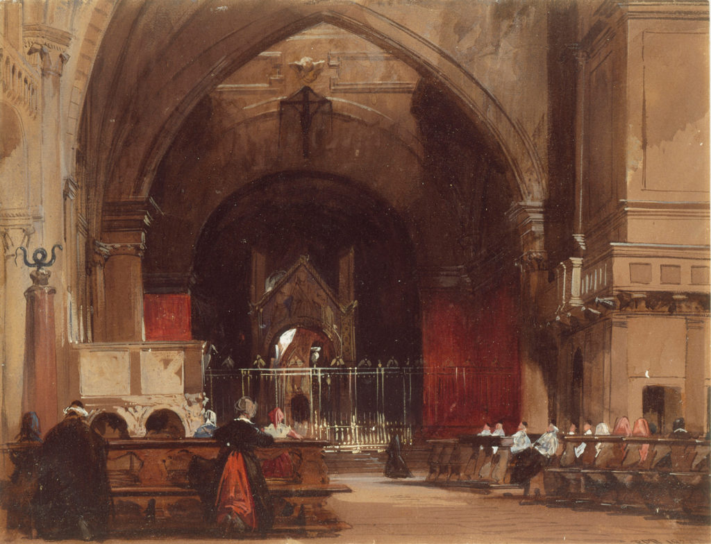Second Wonder of the Watercolor World: Milan: Interior of Sant’ Ambrogio (1827; watercolor and bodycolor with gum and varnish on paper, 8¾ x 11¼) Selected by Dr. Lelia Packer, Acting Curator of Paintings, Watercolours, Miniatures and Manuscripts, The Wallace Collection, London.
